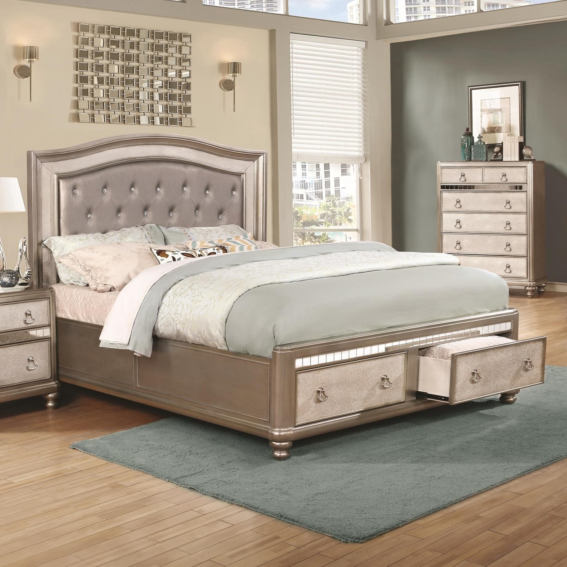 Coaster Bling Game Glam Upholstered King Bed with Footboard Storage